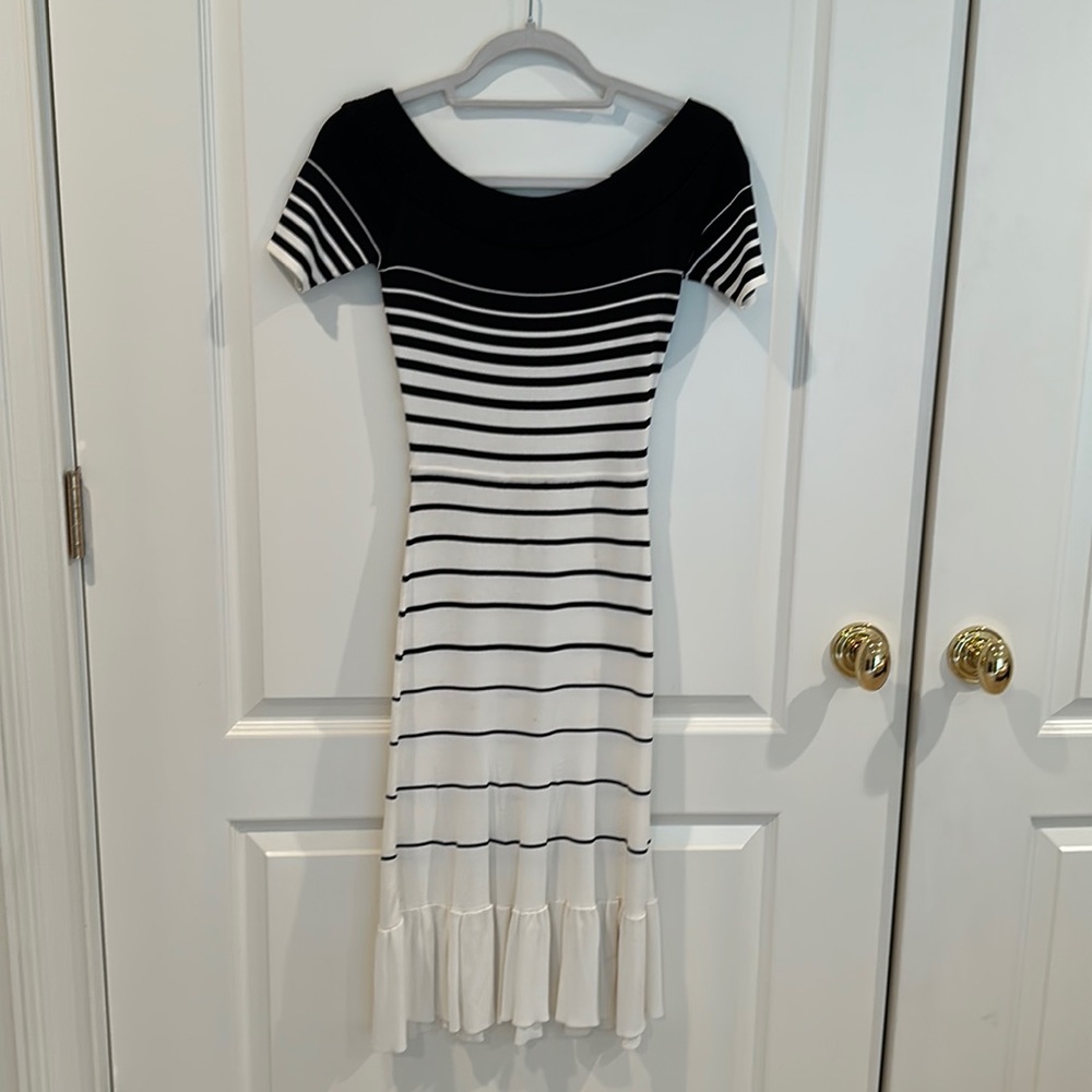 BCBG black & white striped body con midi dress